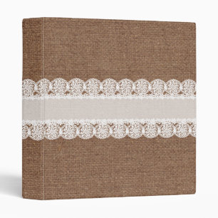 White Lace Flower Ribbon on Burlap - Shabby Chic 3 Ring Binder