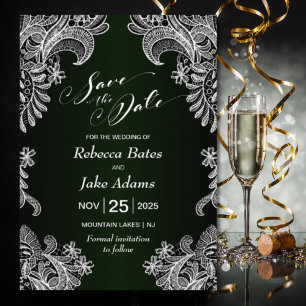 White Lace Forest Green Wedding Save The Date