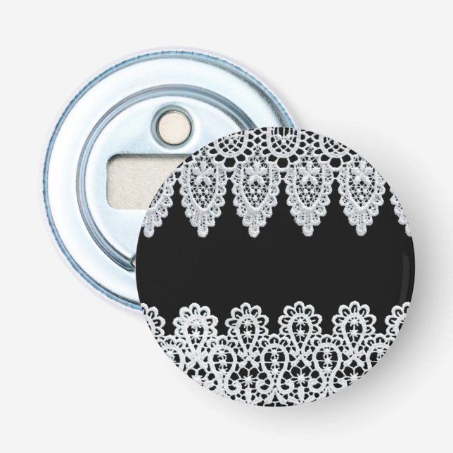 White lace forms a delicate border against black bottle opener (Front)