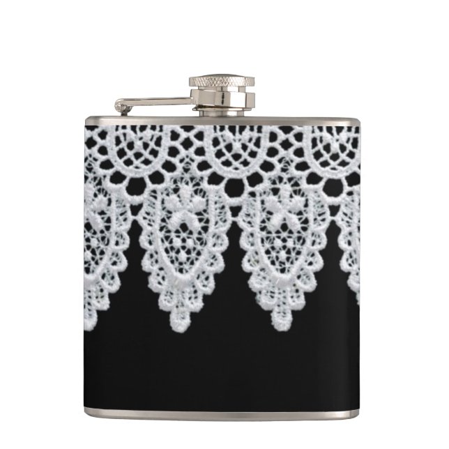 White lace forms a delicate border against black flask (Front)