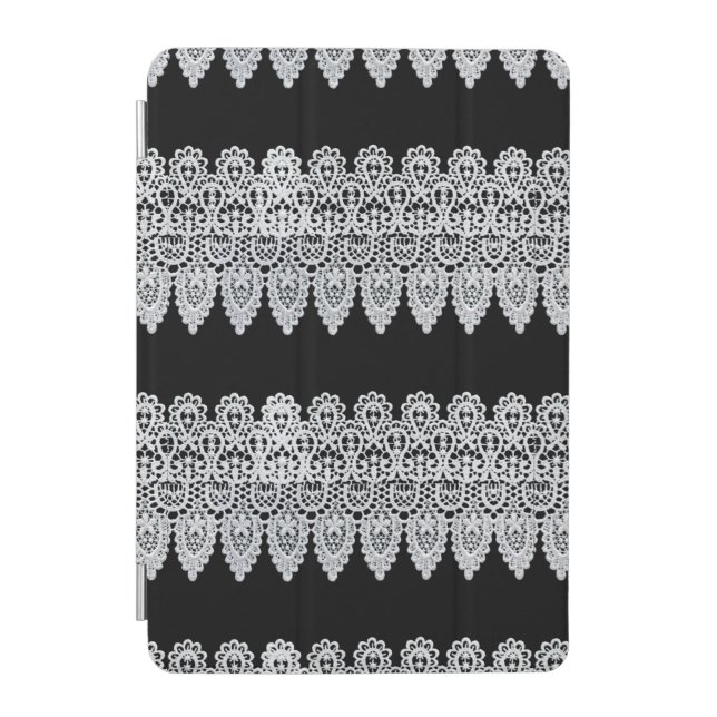 White lace forms a delicate border against black iPad mini cover (Front)
