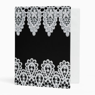 White lace forms a delicate border against black mini binder
