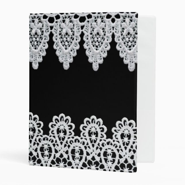 White lace forms a delicate border against black mini binder (Front/Inside)