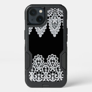White lace forms a delicate border against black iPhone 13 case