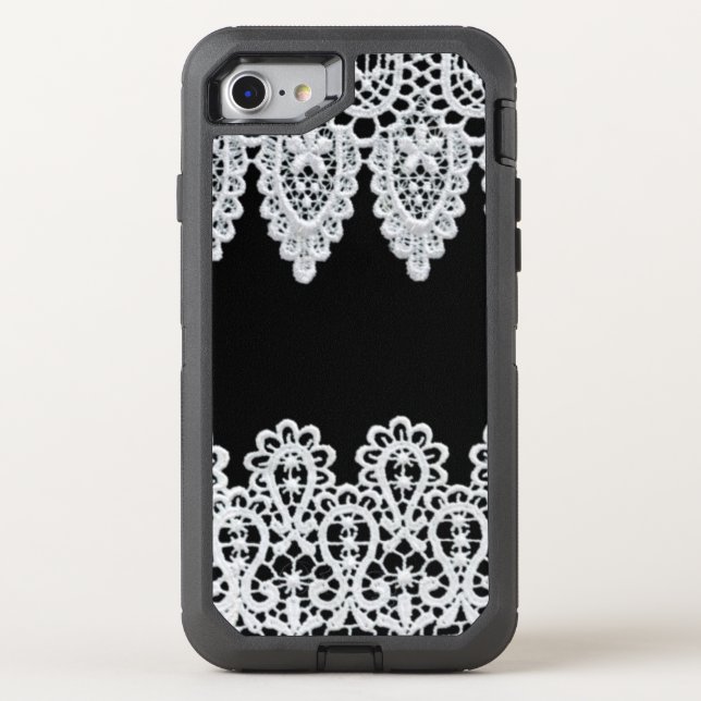 White lace forms a delicate border against black otterbox iPhone case (Back)