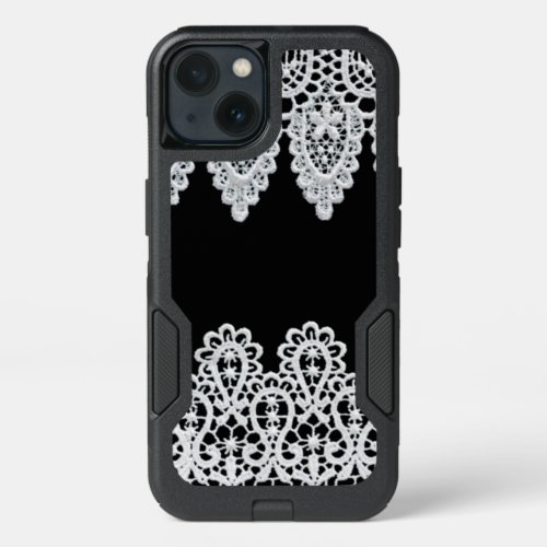 White lace forms a delicate border against black iPhone 13 case