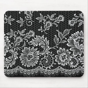 White Lace Fringe On Black Mouse Pad