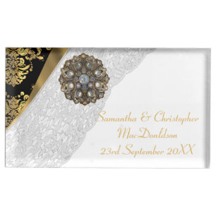 White lace gold and black damask wedding table number holder