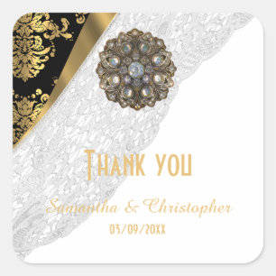 White lace, gold, black damask pattern thank you square sticker