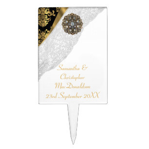 White lace, gold black traditional damask wedding cake topper