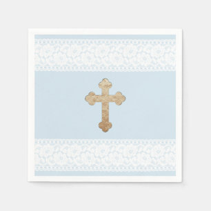 White Lace Gold Cross Baby Blue Religious Paper Napkins