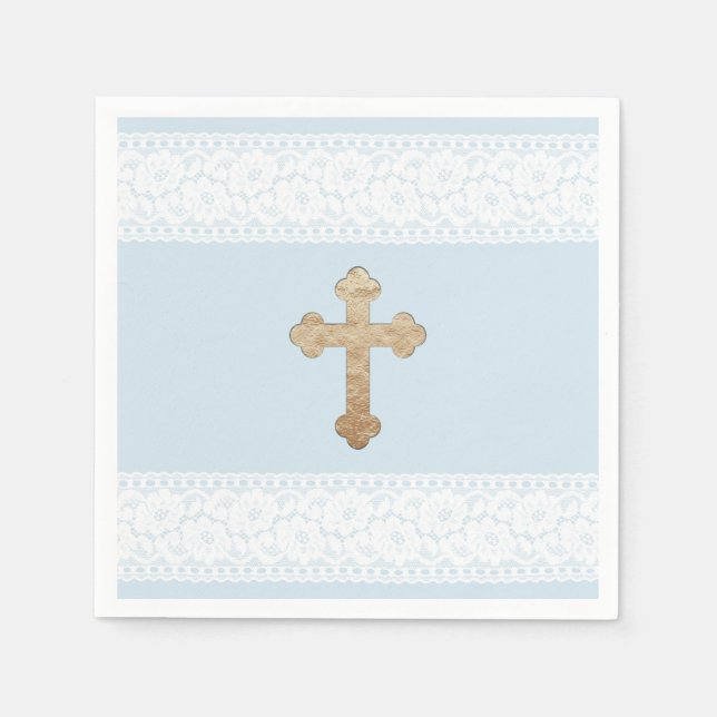 White Lace Gold Cross Baby Blue Religious Paper Napkins (Front)