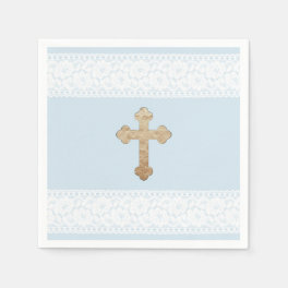 White Lace Gold Cross Baby Blue Religious Paper Paper Napkins