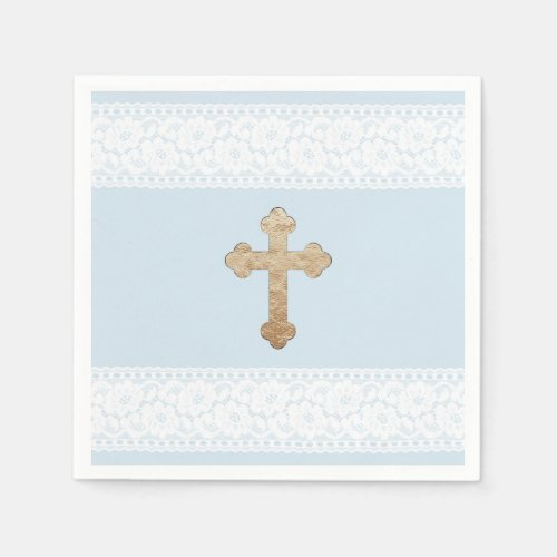White Lace Gold Cross Baby Blue Religious Paper Paper Napkins