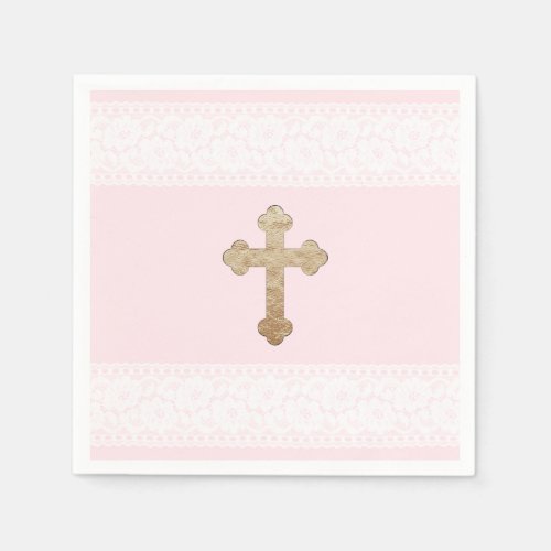 White Lace Gold Cross Pink Religious Paper Napkins