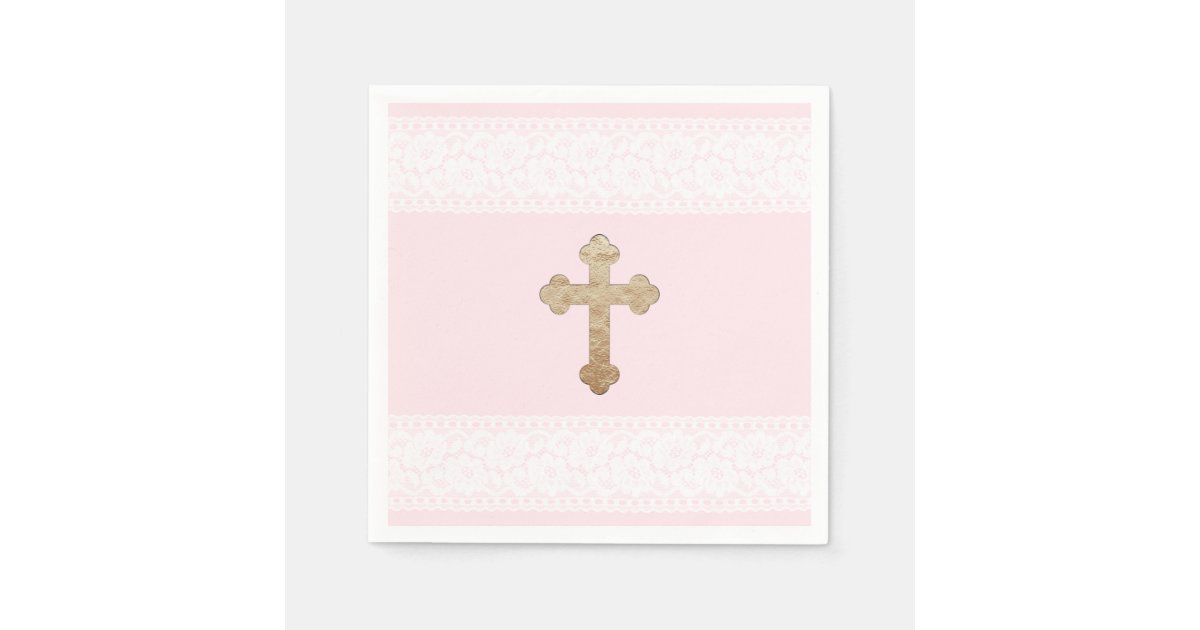 White Lace Gold Cross Pink Religious Paper Napkins Zazzle