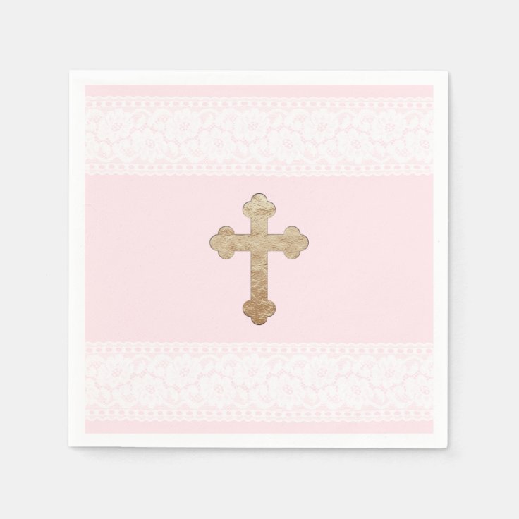 White Lace Gold Cross Pink Religious Paper Napkins Zazzle