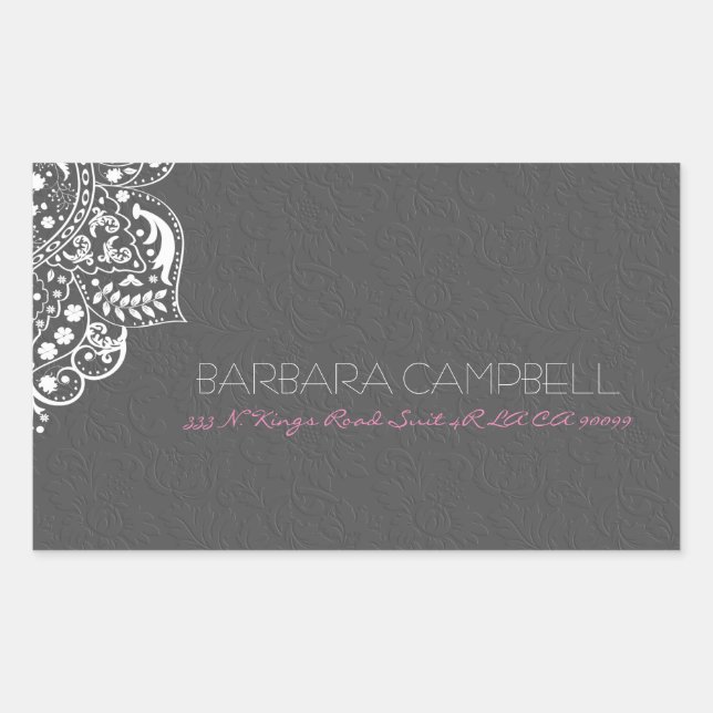 White Lace Gray Floral Damask Rectangular Sticker (Front)