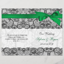 white lace,green ribbon book fold Wedding program
