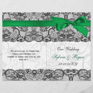 white lace,green ribbon book fold Wedding program