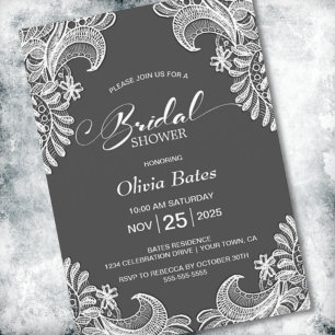 White Lace Grey Bridal Shower Invitation
