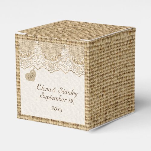 White lace  heart on burlap rustic wedding favor boxes