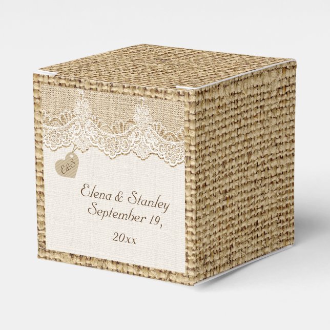 White lace & heart on burlap rustic wedding favor boxes (Front Side)