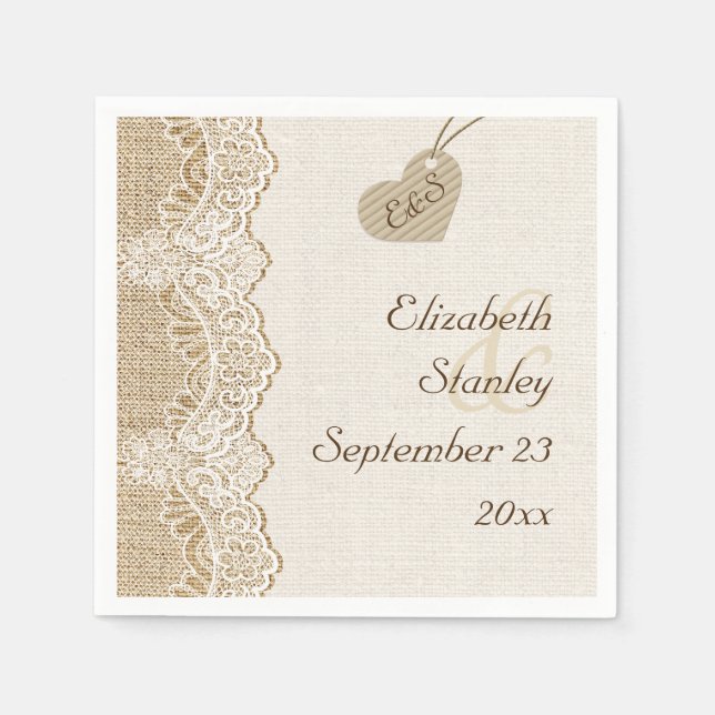 White lace & heart on burlap rustic wedding napkins (Front)
