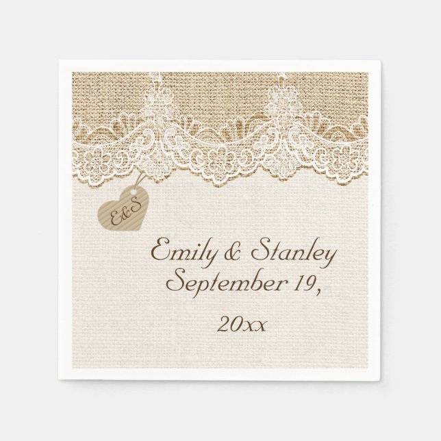 White lace & heart on burlap rustic wedding napkins (Front)