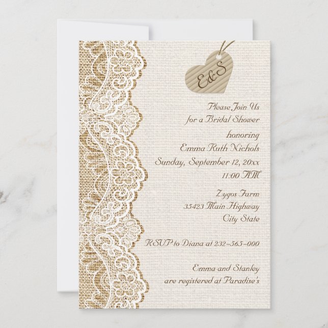 White lace & heart on burlap wedding bridal shower invitation (Front)