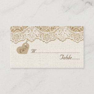 White lace & heart on burlap wedding place card