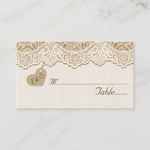 White lace &amp; heart on burlap wedding place card business card template