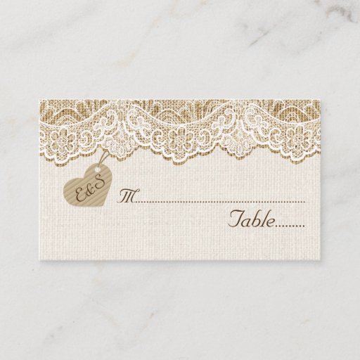 Customizable White lace &amp; heart on burlap wedding place card business card template