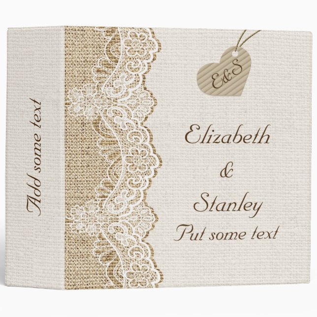 White lace & heart on burlap wedding planner binder (Front/Spine)