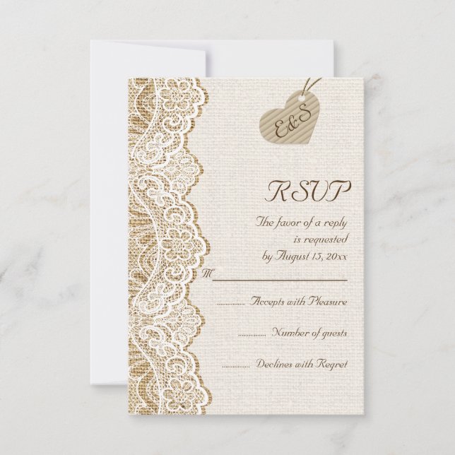 White lace & heart on burlap wedding RSVP (Front)