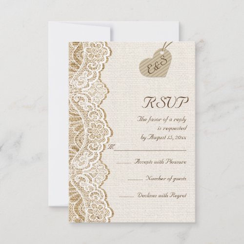 White lace &amp; heart on burlap wedding RSVP