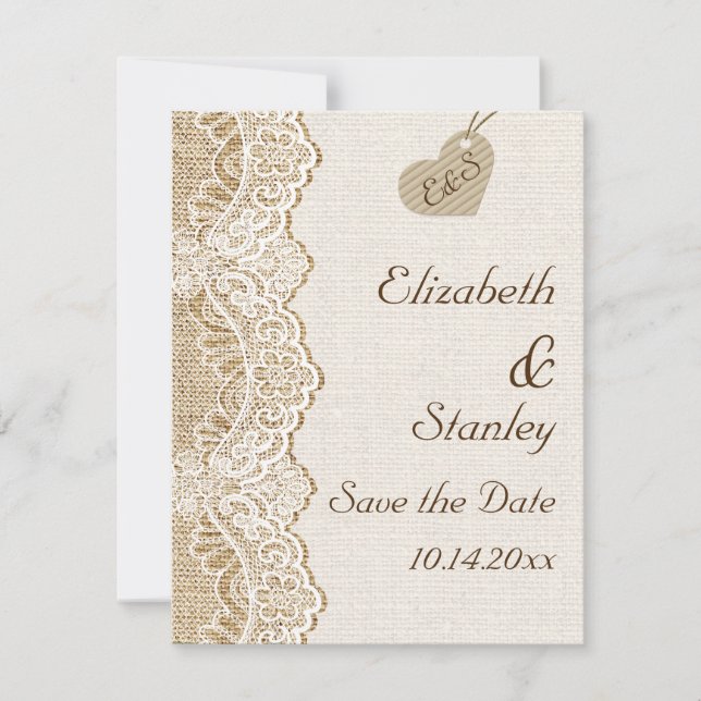 White lace & heart on burlap wedding Save the Date Invitation (Front)