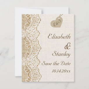 White lace & heart on burlap wedding Save the Date Invitation