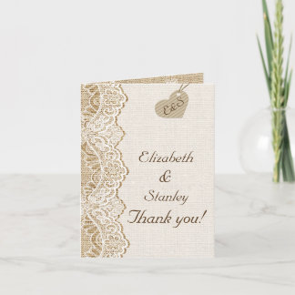 White lace & heart on burlap wedding Thank You Card