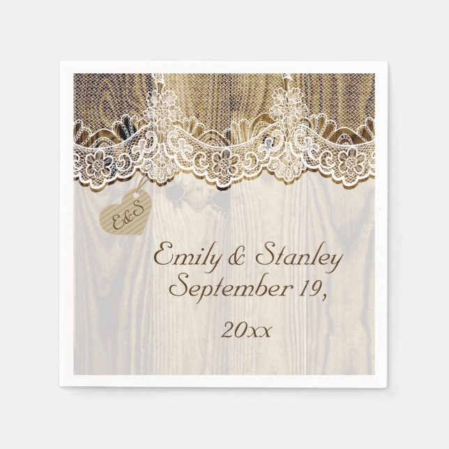 White lace & heart on old wood rustic wedding paper napkins (Front)