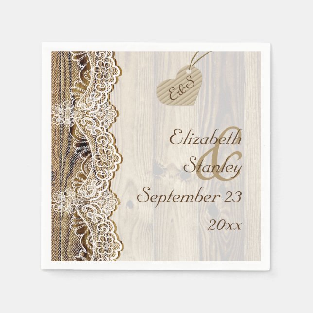 White lace & heart on wood rustic wedding paper napkins (Front)