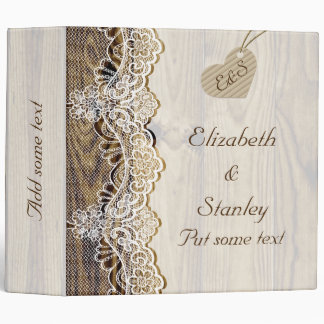 White lace & heart on wood wedding planner 3 ring binder