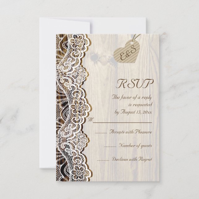 White lace & heart on wood wedding RSVP (Front)