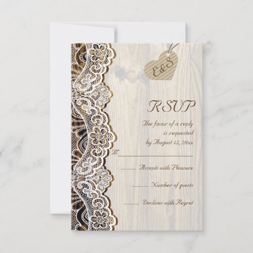 White lace &amp; heart on wood wedding RSVP
