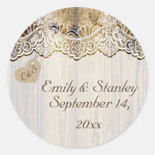 White lace & heart on wood wedding Save the Date Classic Round Sticker