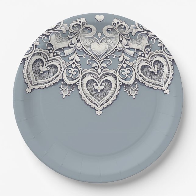 White Lace Hearts Romantic Charm Bridal Shower  Paper Plates (Front)