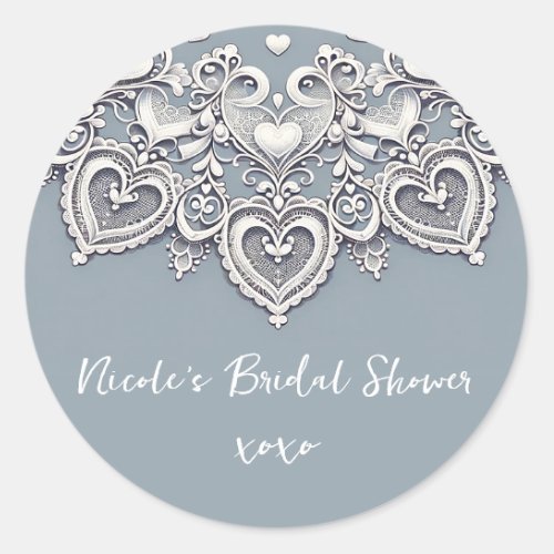 White Lace Hearts Romantic Charm Bridal Shower wed Classic Round Sticker