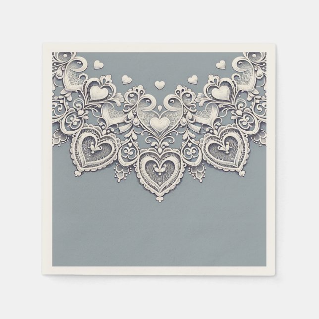 White Lace Hearts Romantic Charm Elegant Napkins (Front)