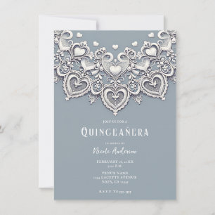 White Lace Hearts Romantic Charm Quinceañera Party Invitation