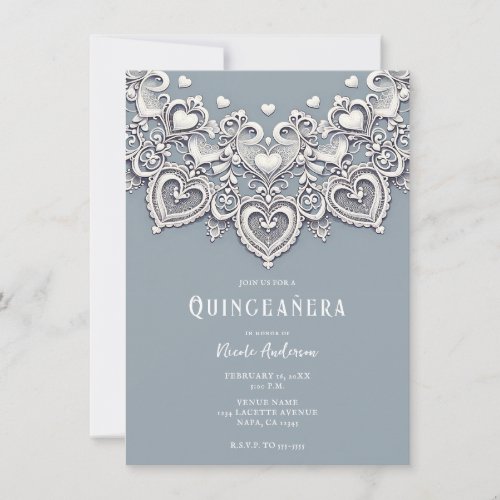 White Lace Hearts Romantic Charm Quinceaera Party Invitation
